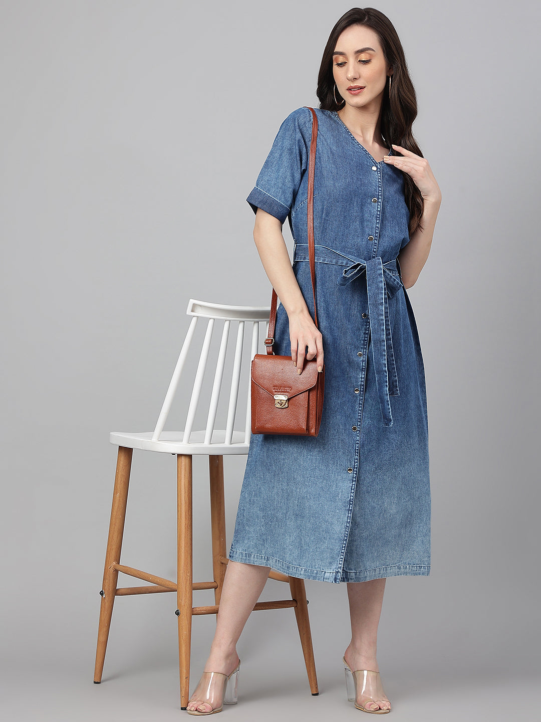 Blue Denim Solid Straight Western Dress