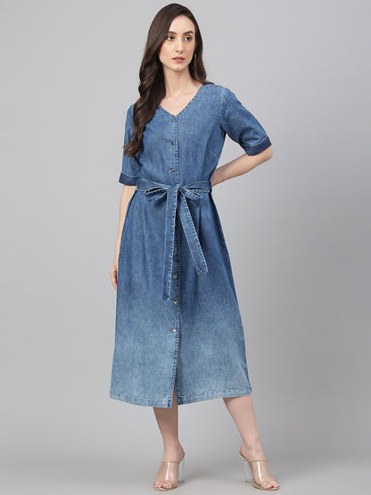 Blue Denim Solid Straight Western Dress