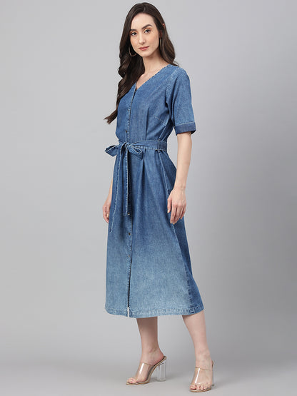 Blue Denim Solid Straight Western Dress