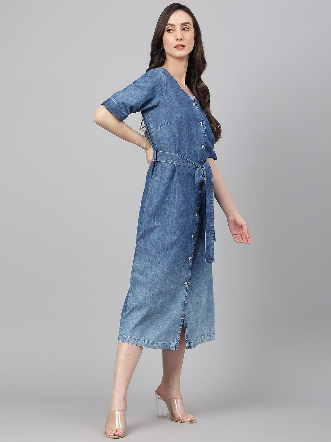 Blue Denim Solid Straight Western Dress