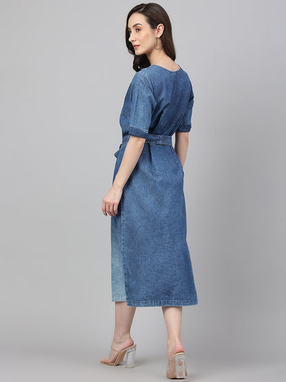 Blue Denim Solid Straight Western Dress