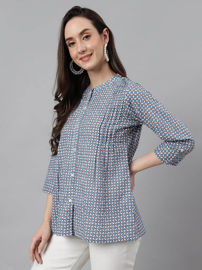 Blue Cotton Printed Regular Top