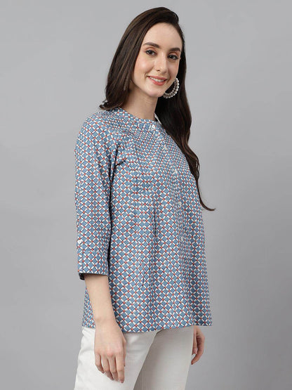 Blue Cotton Printed Regular Top