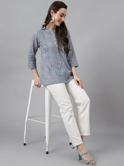 Blue Cotton Printed Regular Top