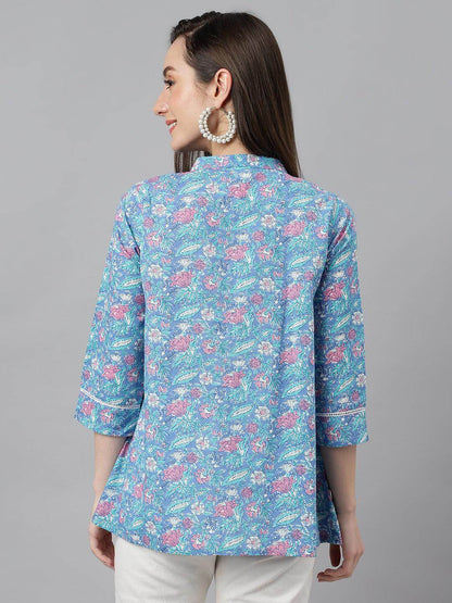 Women's Blue Cotton Botanical Print Empire Top