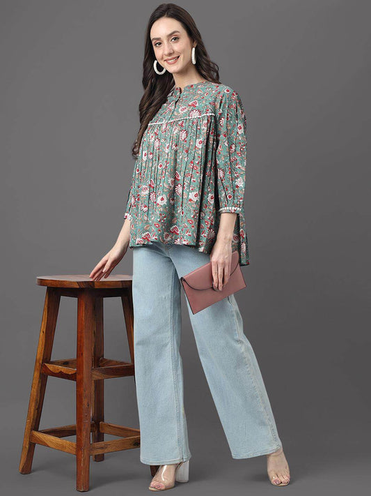 Green Cotton Botanical Print Empire Top