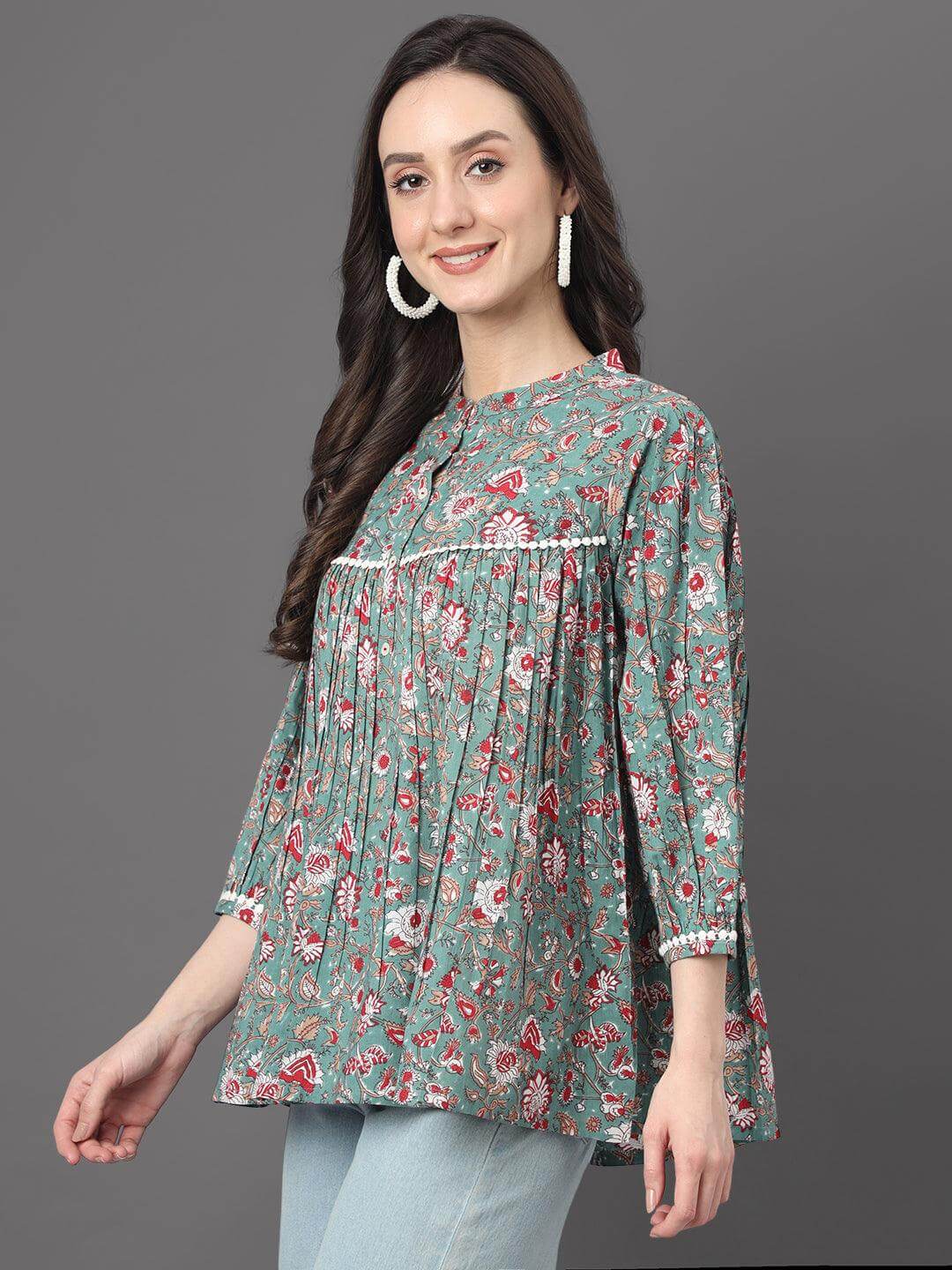 Green Cotton Botanical Print Empire Top