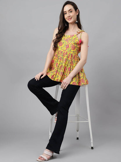 Silae Yellow Cotton Floral Print Peplum Top