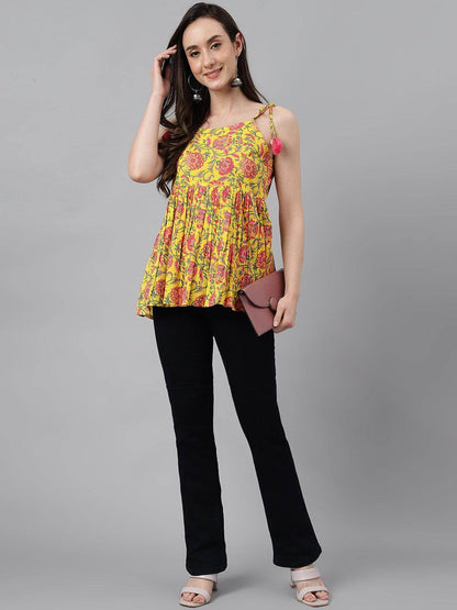 Silae Yellow Cotton Floral Print Peplum Top