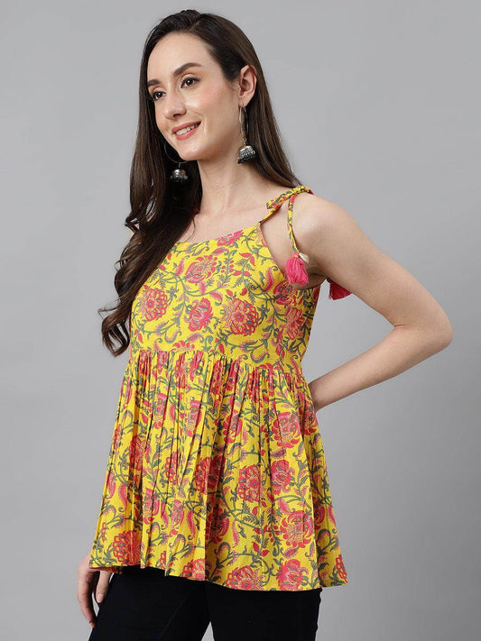 Silae Yellow Cotton Floral Print Peplum Top