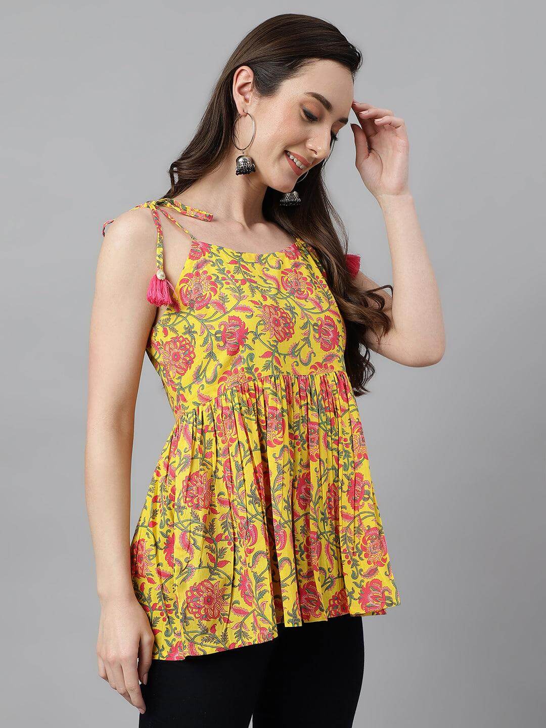 Silae Yellow Cotton Floral Print Peplum Top