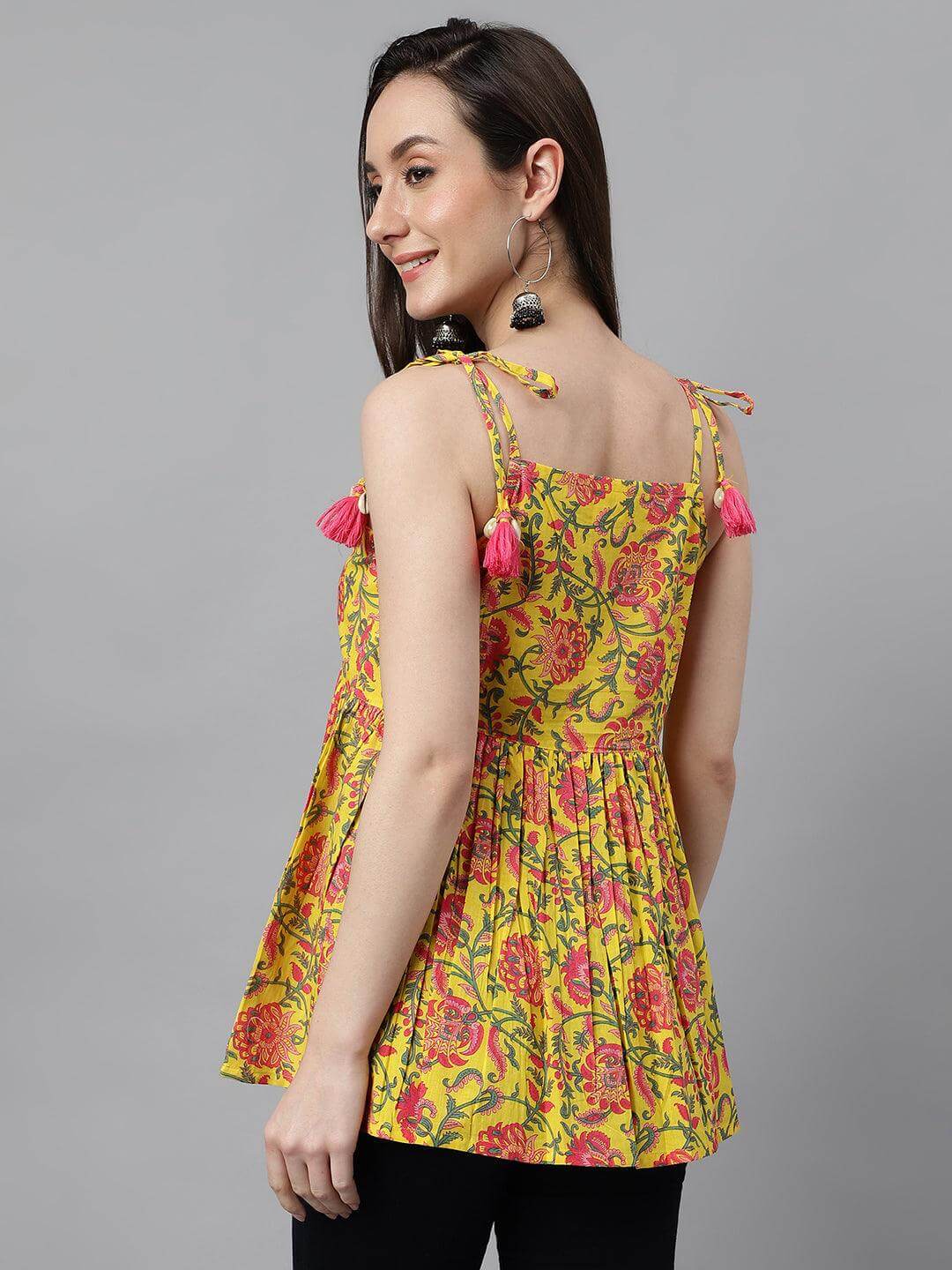 Silae Yellow Cotton Floral Print Peplum Top