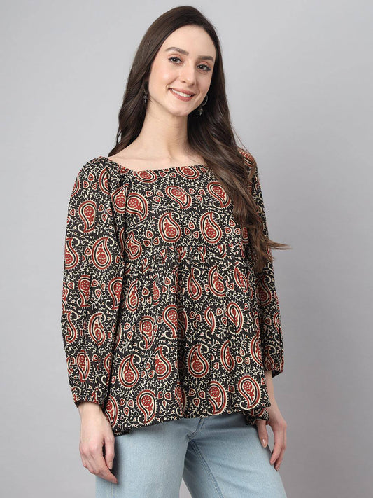 Silae Black Cotton Paisley Print Gathered Top