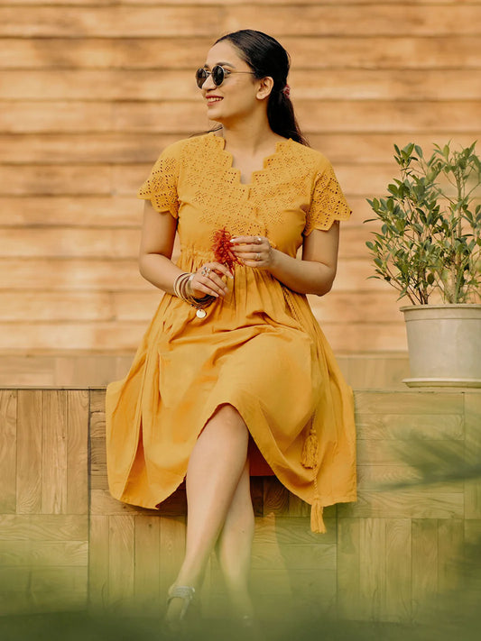 Yellow Cotton Schiffli Flared Dress