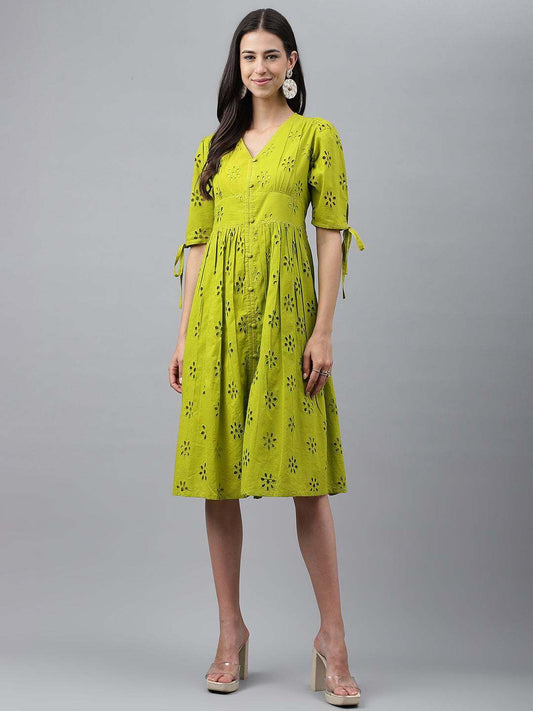 Lime Green Cotton Schiffli Flared Western Dress