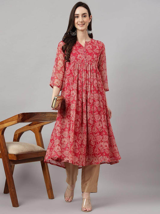 Women's Dark Pink Chiffon Lurex Floral Printed Flared Kurta