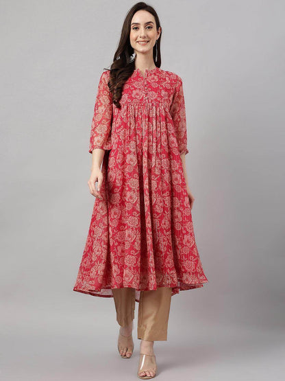 Women's Dark Pink Chiffon Lurex Floral Printed Flared Kurta