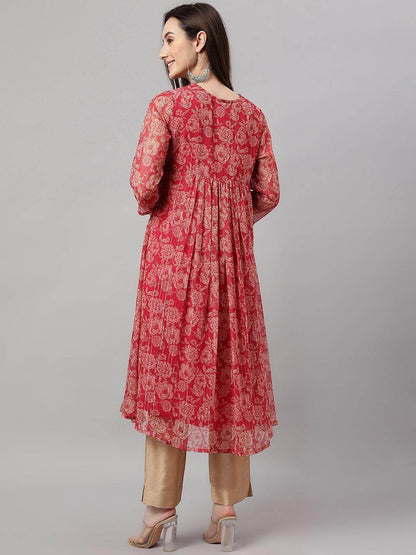 Women's Dark Pink Chiffon Lurex Floral Printed Flared Kurta