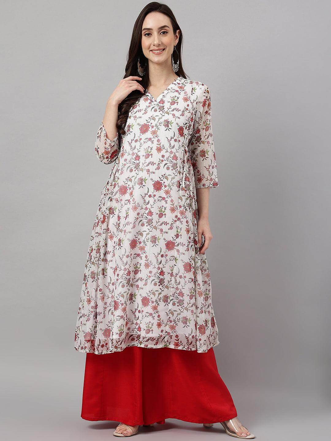 Women's White Chiffon Lurex Floral Printed Flared Kurta