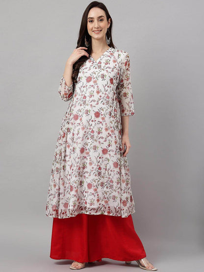 Women's White Chiffon Lurex Floral Printed Flared Kurta