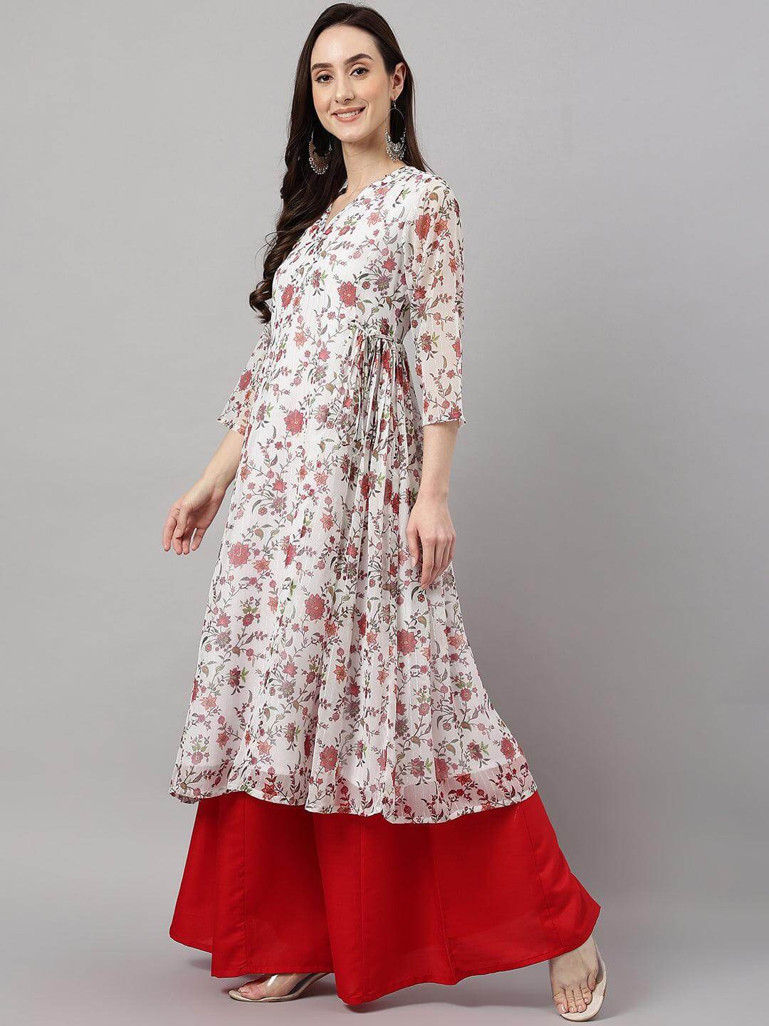 Women's White Chiffon Lurex Floral Printed Flared Kurta