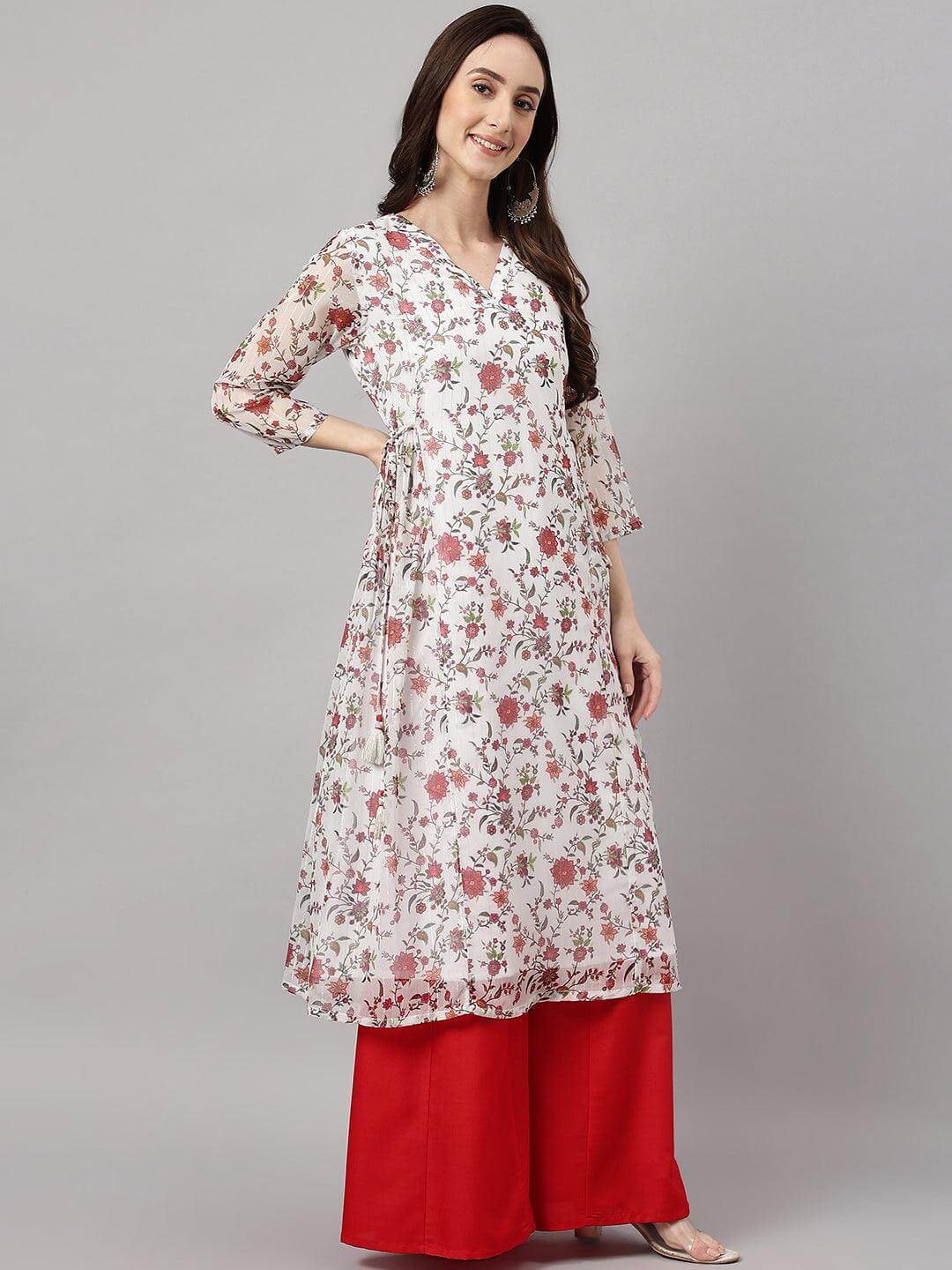 Women's White Chiffon Lurex Floral Printed Flared Kurta