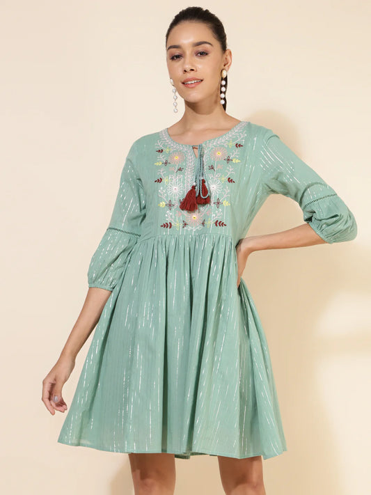 Green Cotton Yoke Embroidery Gathered Dress