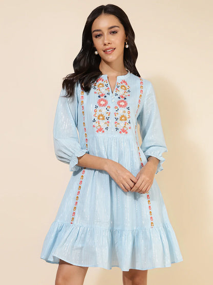 Sky Blue Cotton Embroidery Flared Dress