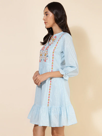 Sky Blue Cotton Embroidery Flared Dress