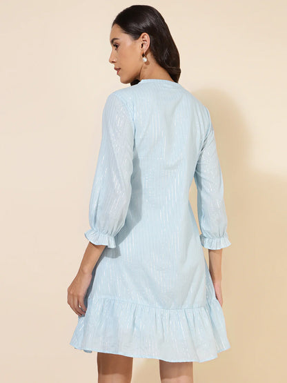 Sky Blue Cotton Embroidery Flared Dress