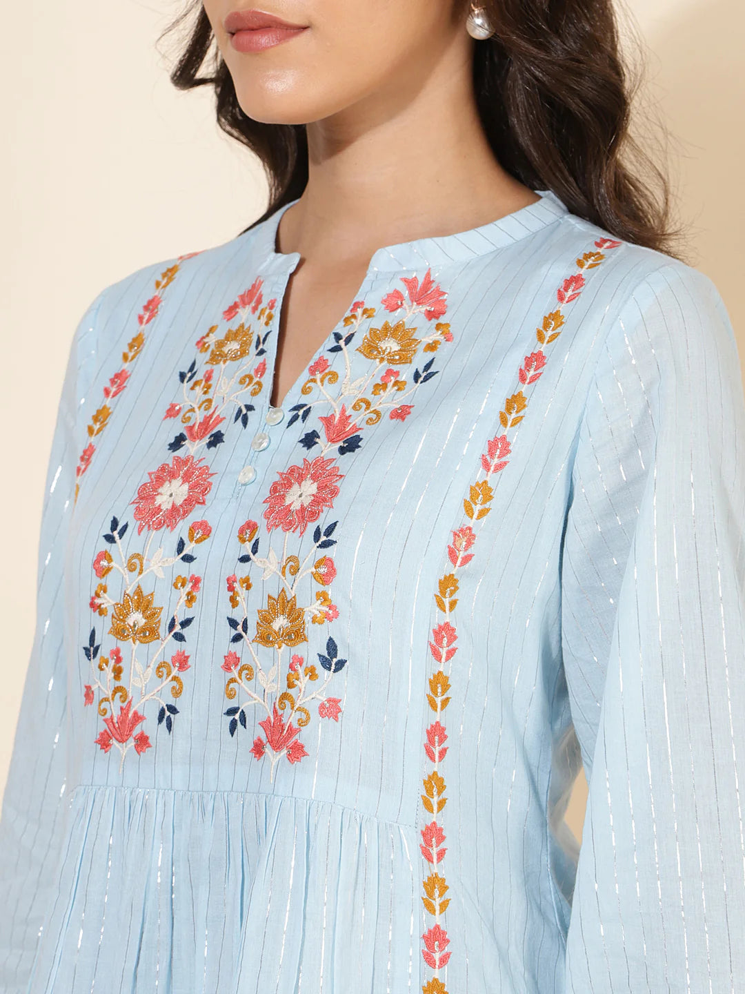 Sky Blue Cotton Embroidery Flared Dress