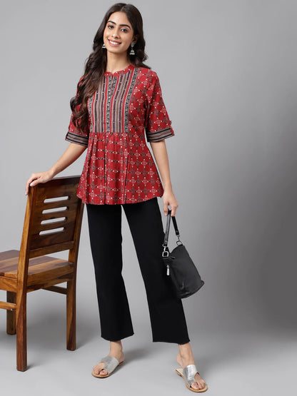 Maroon Cotton Ethnic Motifs A-Line Top