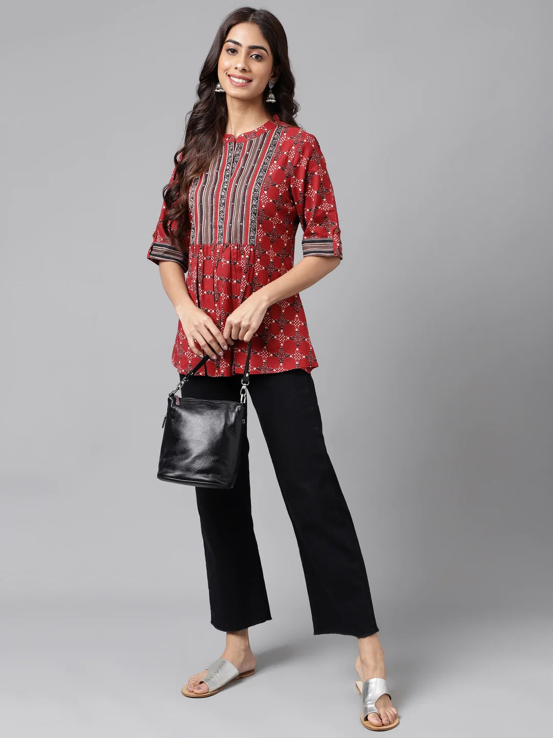 Maroon Cotton Ethnic Motifs A-Line Top