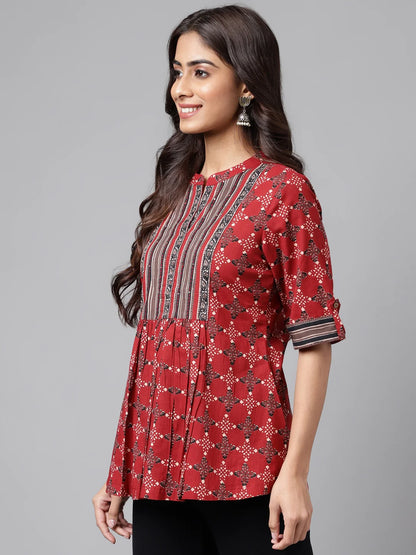 Maroon Cotton Ethnic Motifs A-Line Top