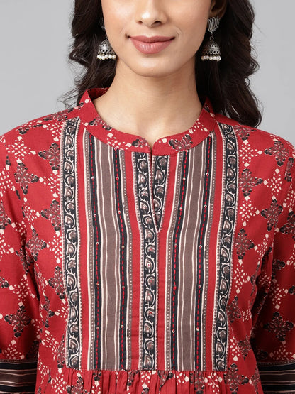 Maroon Cotton Ethnic Motifs A-Line Top