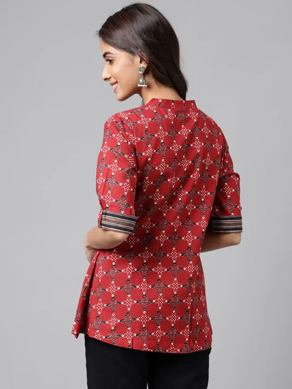 Maroon Cotton Ethnic Motifs A-Line Top