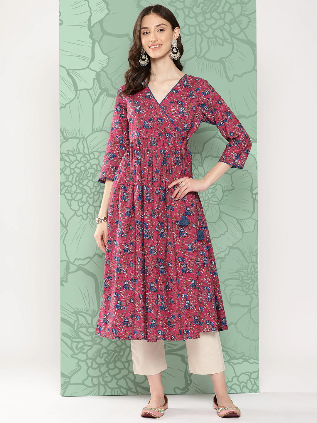 Pink Cotton Floral Printed Gathered Kurta