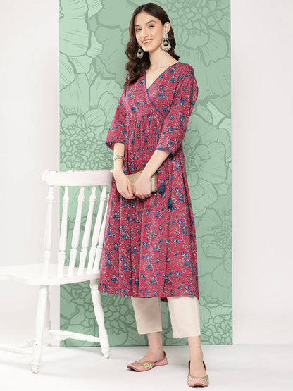 Pink Cotton Floral Printed Gathered Kurta