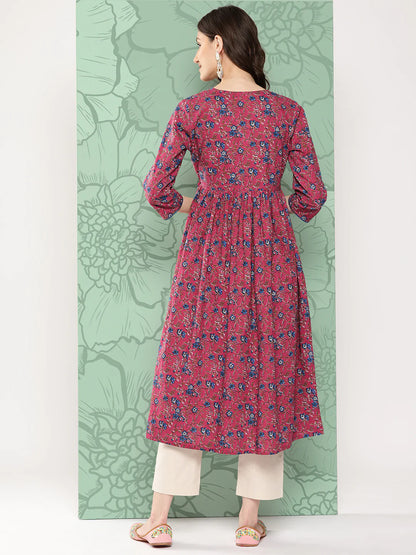 Pink Cotton Floral Printed Gathered Kurta