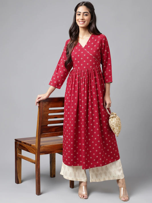 Maroon Crepe Bandhani Printed Flared Kurta