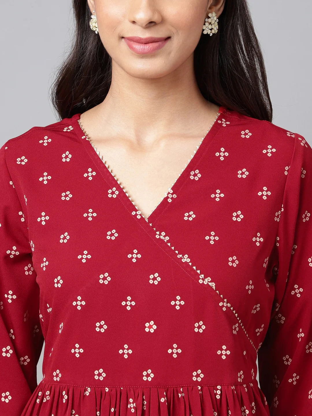 Maroon Crepe Bandhani Printed Flared Kurta