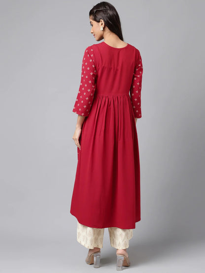 Maroon Crepe Bandhani Printed Flared Kurta