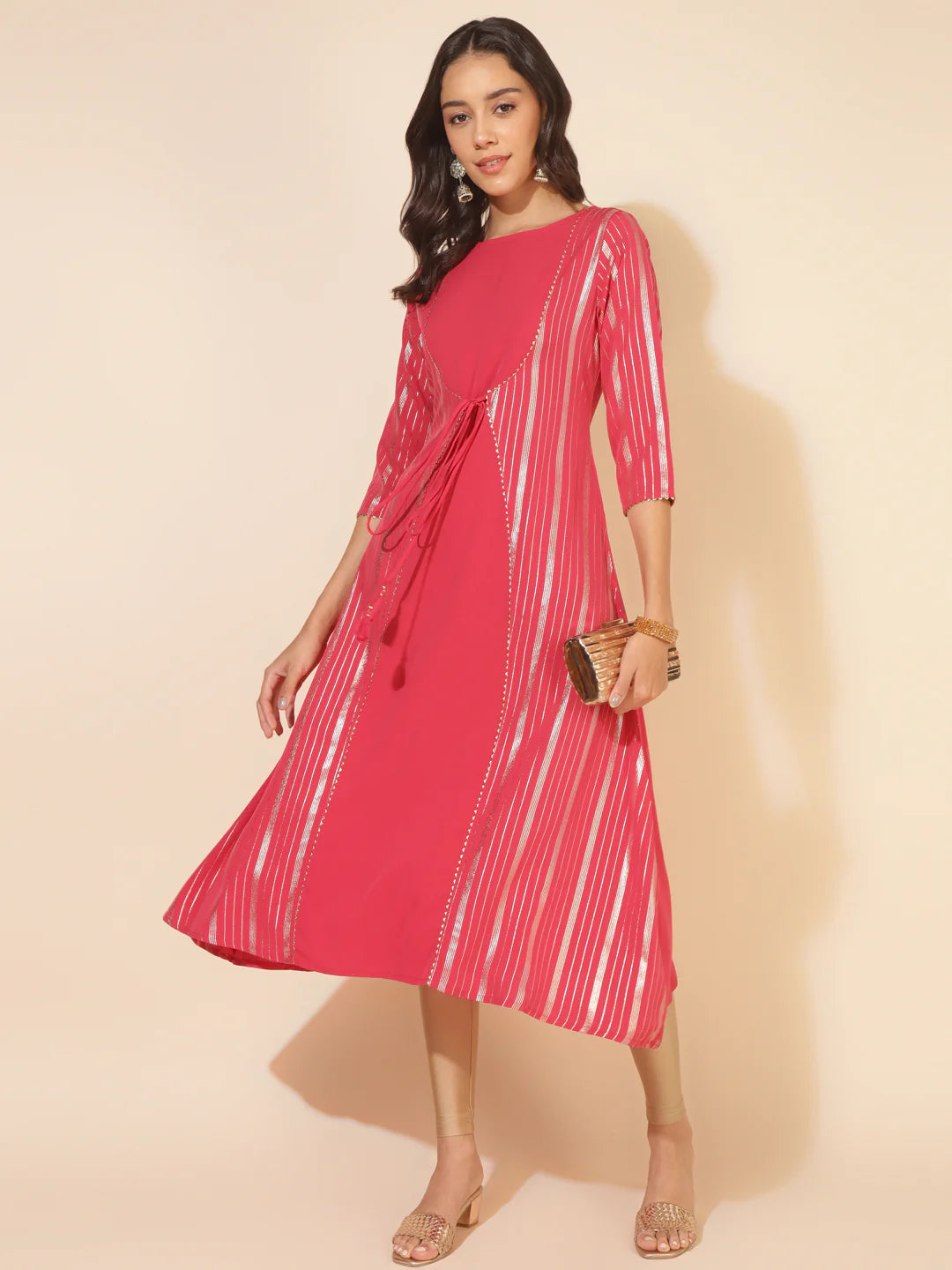 Dark Pink Crepe Foil Printed A-Line Kurta