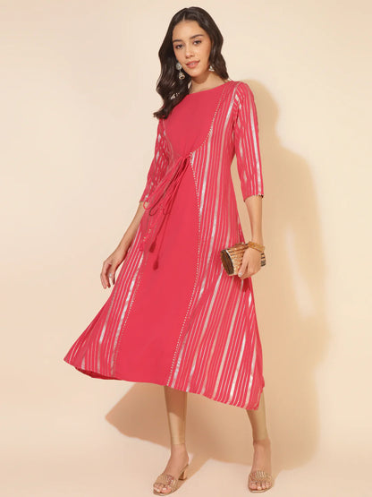 Dark Pink Crepe Foil Printed A-Line Kurta