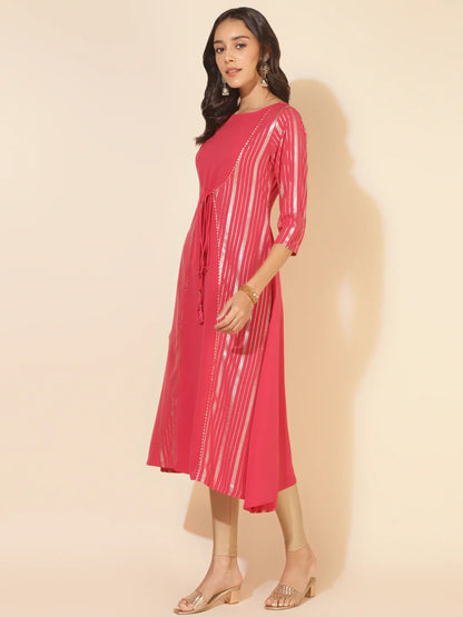 Dark Pink Crepe Foil Printed A-Line Kurta