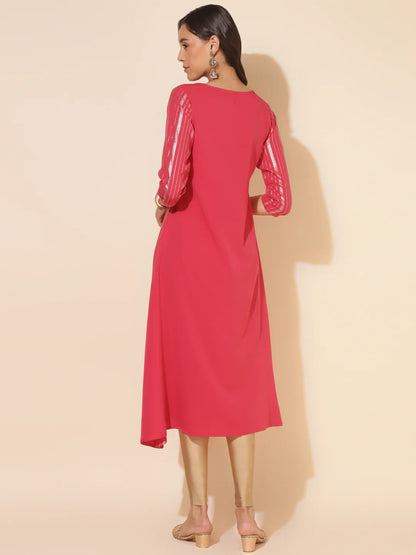 Dark Pink Crepe Foil Printed A-Line Kurta