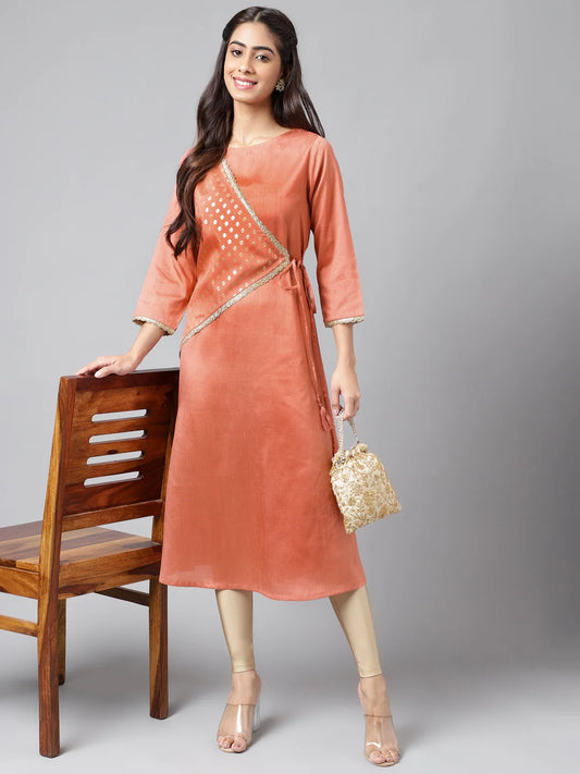 Peach Crepe Silk Embellished A-Line Kurta