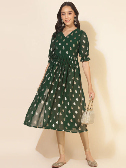 Bottle Green Georgette Foil Printed Gathered Kurta