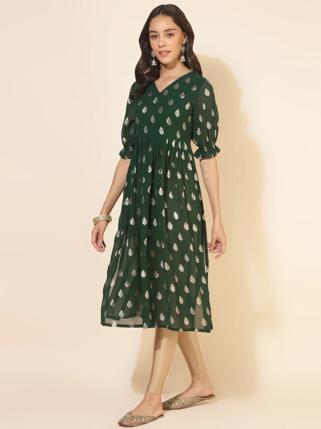 Bottle Green Georgette Foil Printed Gathered Kurta