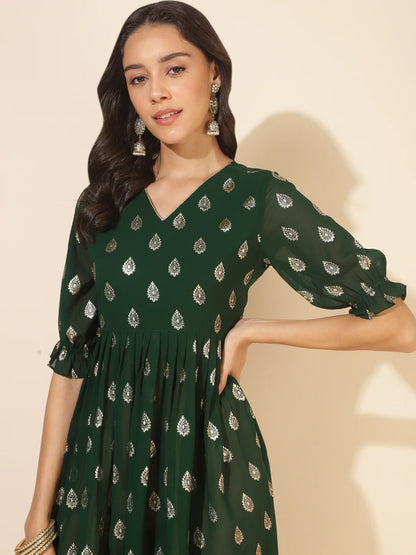 Bottle Green Georgette Foil Printed Gathered Kurta